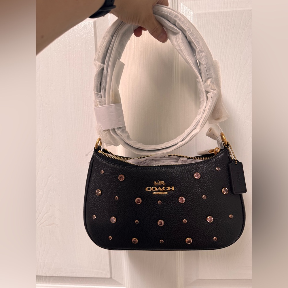 Coach NWT Black Pebbled Leather Teri  With Crystal and matching wristlet - Picture 3 of 11